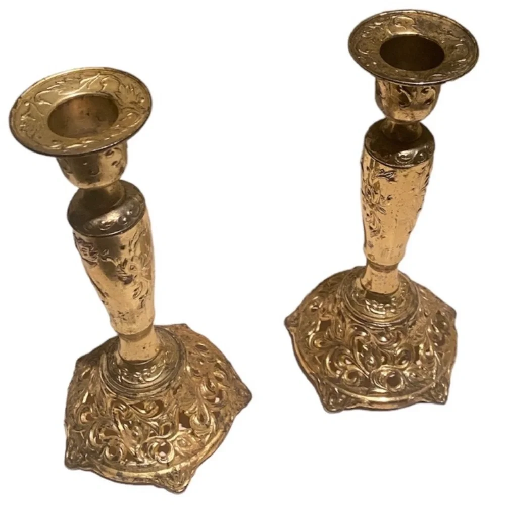Vintage Candlesticks Set Candle Holders Ornate Cast Metal Brass Gold Filigree
